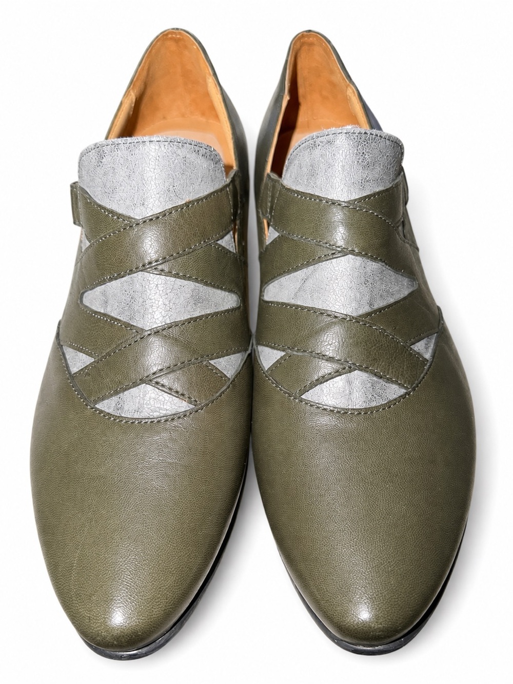 Fidji Handcrafted Portugal EU 39 Olive Gray Artsy Chic Leather Mary Jane Loafers